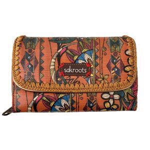 Sakroots Wallet Snap Closure Boho Peace Birds Floral Purple Orange Stitches